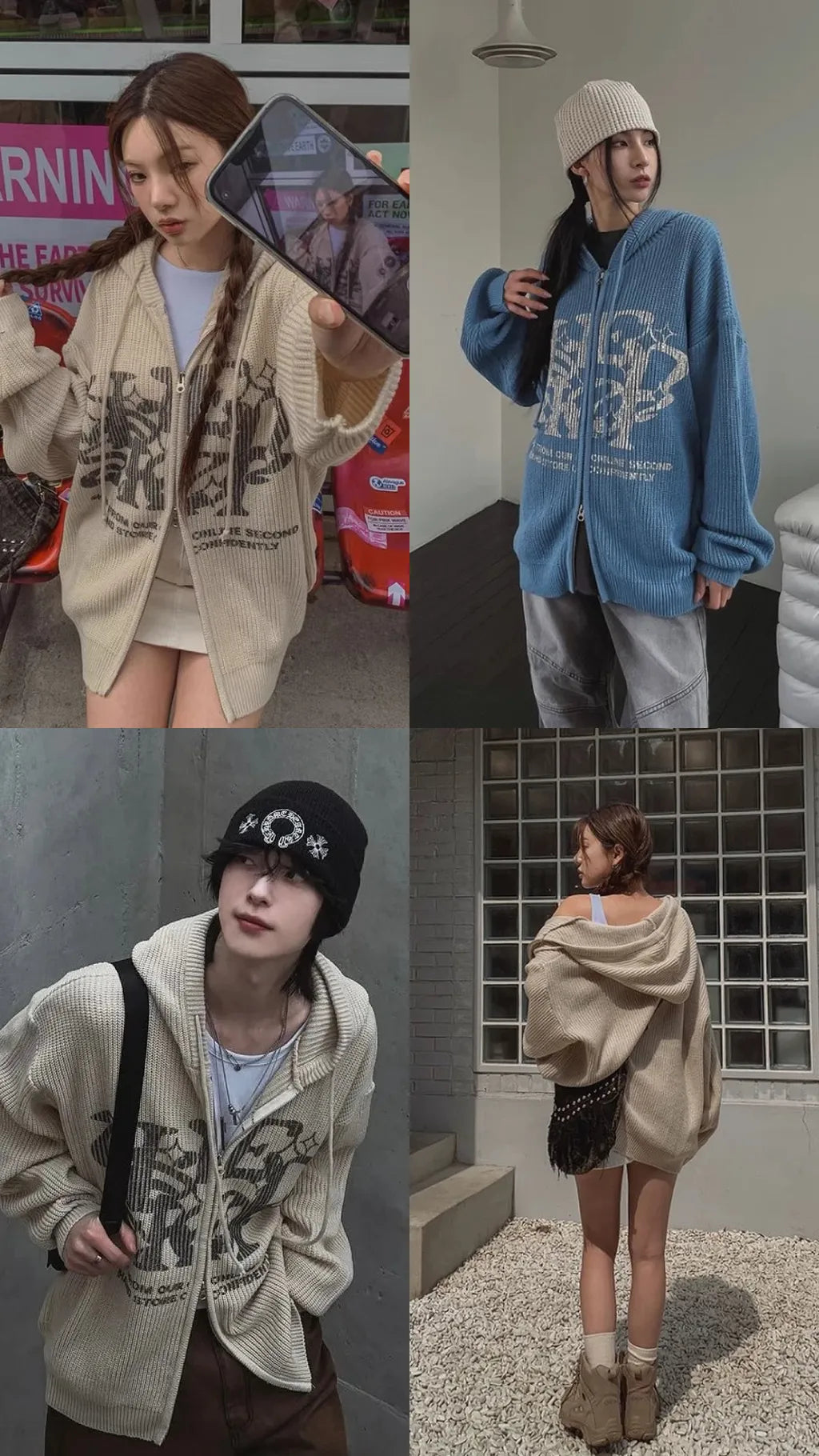 Two-ways Zip up Print Knit Hoodie