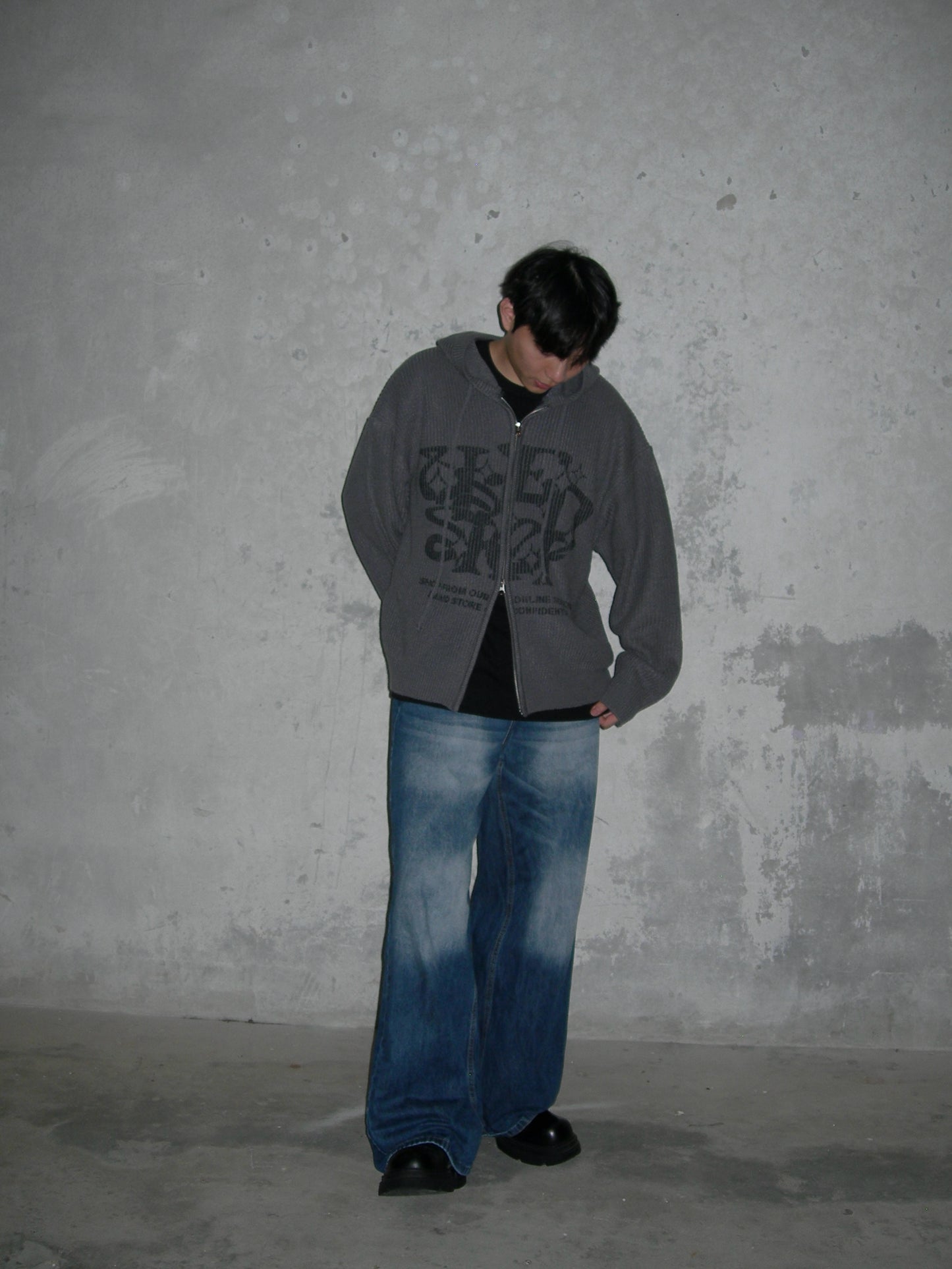 Two-ways Zip up Print Knit Hoodie