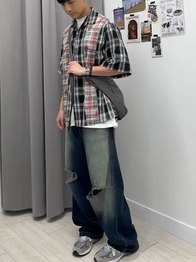 Patchwork Checked Half Shirt